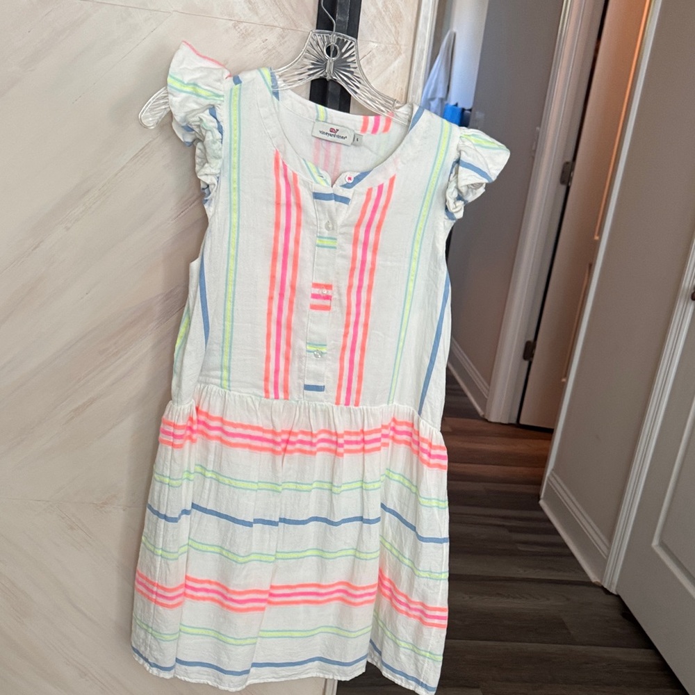Vineyard Vines White Cotton Dress with Pink, Blue & Green Stripes